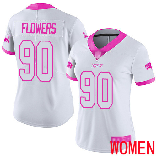 Detroit Lions Limited White Pink Women Trey Flowers Jersey NFL Football #90 Rush Fashion->women nfl jersey->Women Jersey
